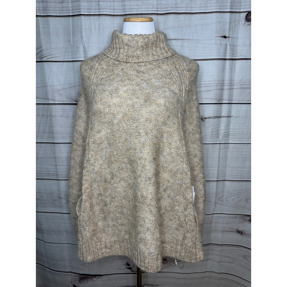 ELLE Poncho Sweater Womens Large Tan Marled Turtleneck Bow Accent NWT